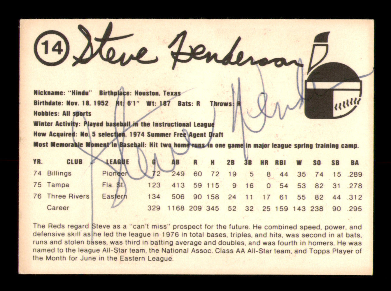Steve Henderson Autographed 1977 Rookie Card #14 Indianapolis Indians