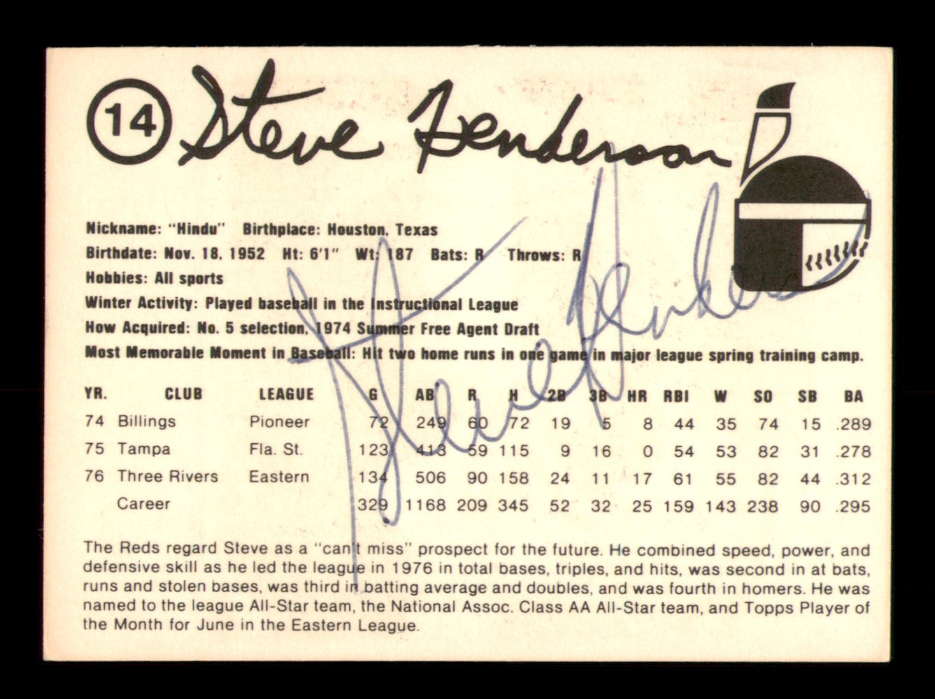 Steve Henderson Autographed 1977 Rookie Card #14 Indianapolis Indians