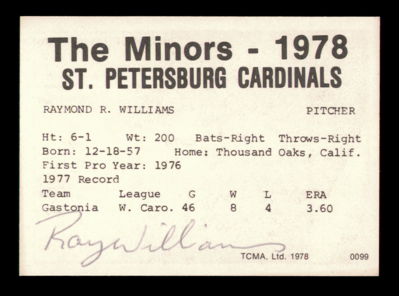 Ray Williams Autographed 1978 TCMA Rookie Card #99 St. Petersburg Cardinals