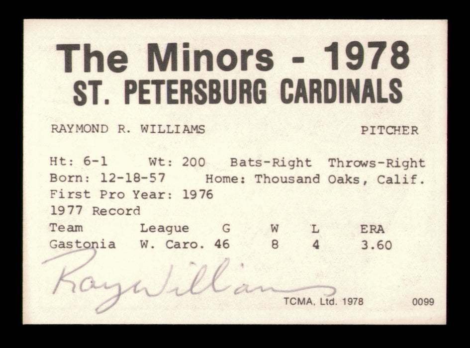 Ray Williams Autographed 1978 TCMA Rookie Card #99 St. Petersburg Cardinals