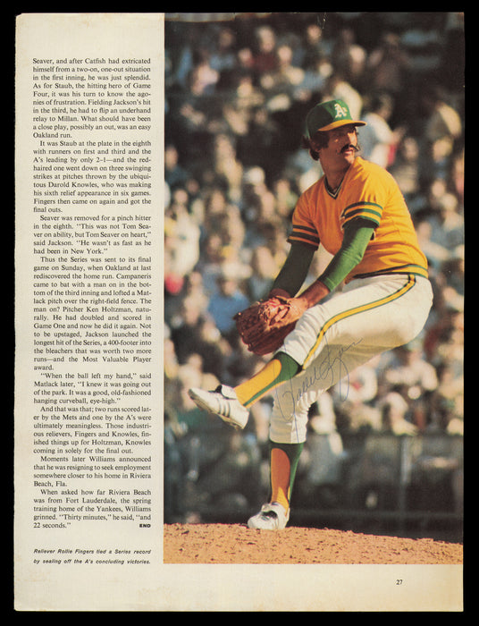Rollie Fingers Autographed 8.5x11.5 Magazine Page Photo Oakland A's