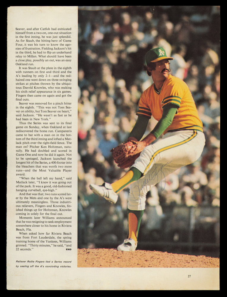 Rollie Fingers Autographed 8.5x11.5 Magazine Page Photo Oakland A's