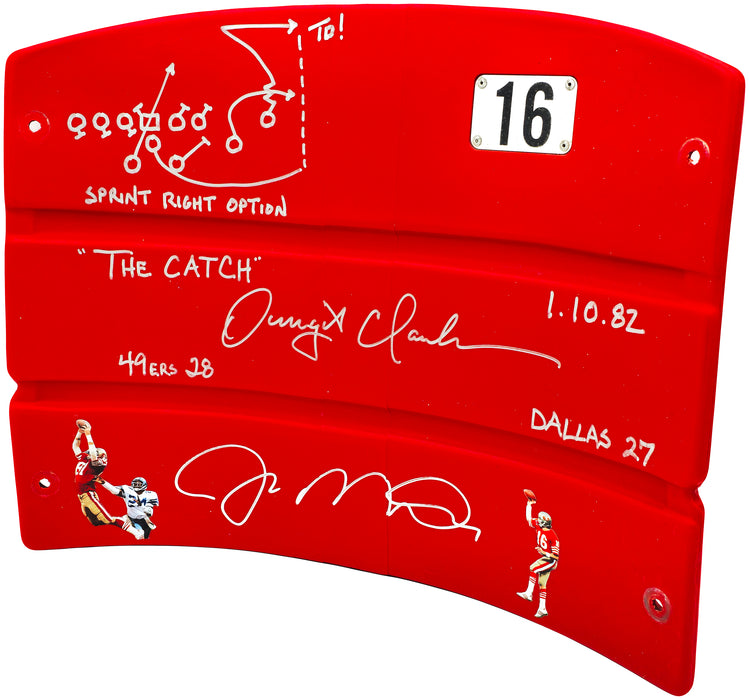 Joe Montana & Dwight Clark Autographed Red Stadium Used Candlestick Park Seatback San Francisco 49ers "The Catch, Sprint Right Option Play Sketch" Beckett BAS QR