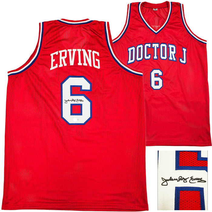Philadelphia 76ers Julius "Dr. J" Erving Autographed Red Jersey Beckett BAS Witness
