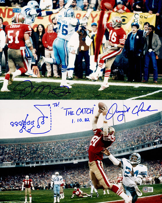 Joe Montana & Dwight Clark Autographed 16x20 Photo San Francisco 49ers "The Catch, Sprint Right Option Play Sketch" Beckett BAS QR