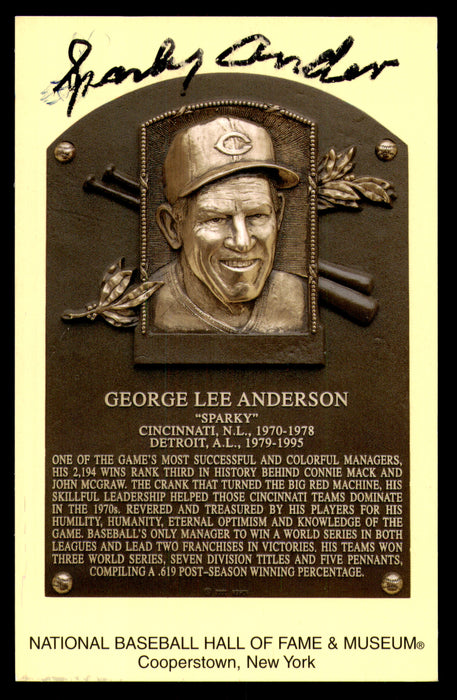Sparky Anderson Autographed Hall of Fame HOF Plaque Postcard Cincinnati Reds