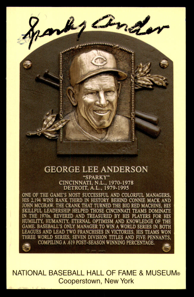 Sparky Anderson Autographed Hall of Fame HOF Plaque Postcard Cincinnati Reds
