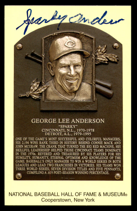 Sparky Anderson Autographed Hall of Fame HOF Plaque Postcard Cincinnati Reds