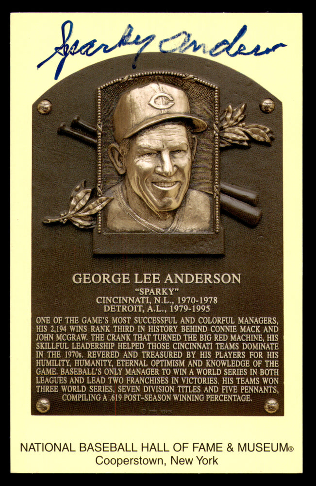 Sparky Anderson Autographed Hall of Fame HOF Plaque Postcard Cincinnati Reds