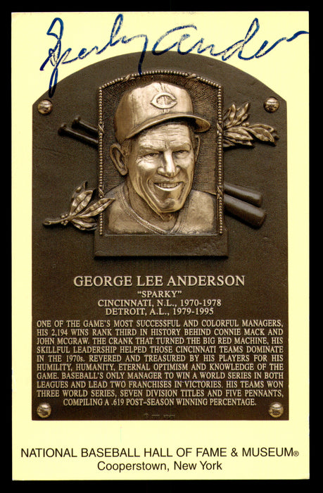 Sparky Anderson Autographed Hall of Fame HOF Plaque Postcard Cincinnati Reds