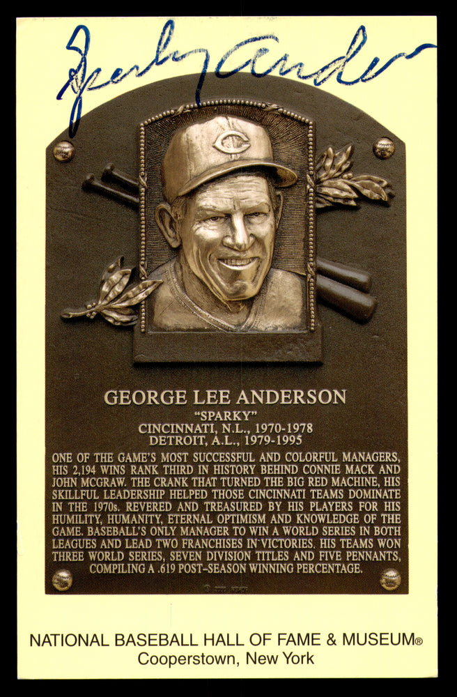 Sparky Anderson Autographed Hall of Fame HOF Plaque Postcard Cincinnati Reds
