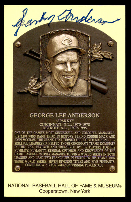 Sparky Anderson Autographed Hall of Fame HOF Plaque Postcard Cincinnati Reds