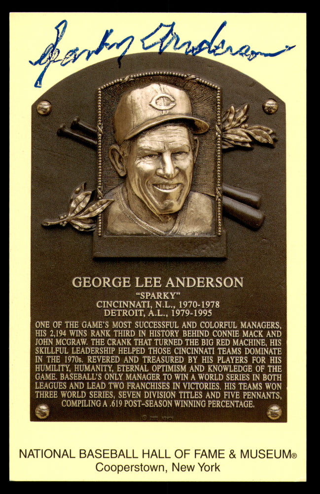 Sparky Anderson Autographed Hall of Fame HOF Plaque Postcard Cincinnati Reds