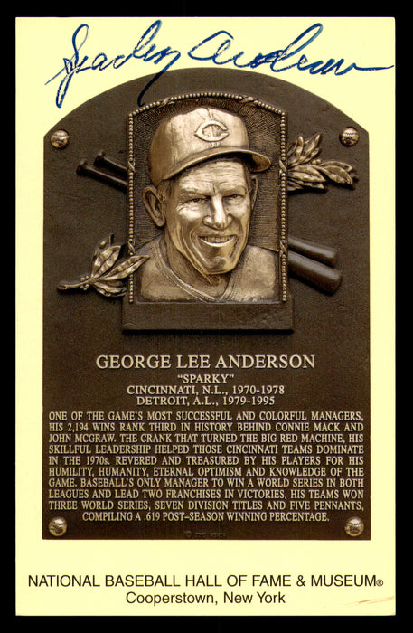 Sparky Anderson Autographed Hall of Fame HOF Plaque Postcard Cincinnati Reds