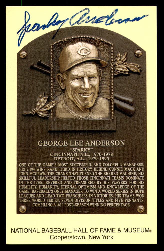 Sparky Anderson Autographed Hall of Fame HOF Plaque Postcard Cincinnati Reds