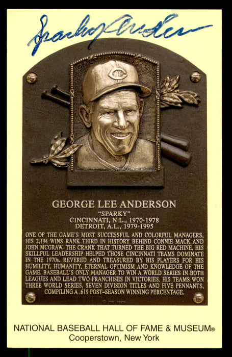 Sparky Anderson Autographed Hall of Fame HOF Plaque Postcard Cincinnati Reds