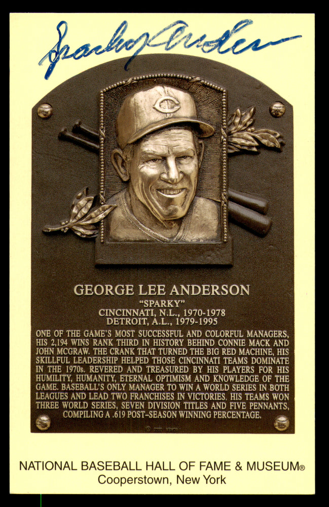 Sparky Anderson Autographed Hall of Fame HOF Plaque Postcard Cincinnati Reds