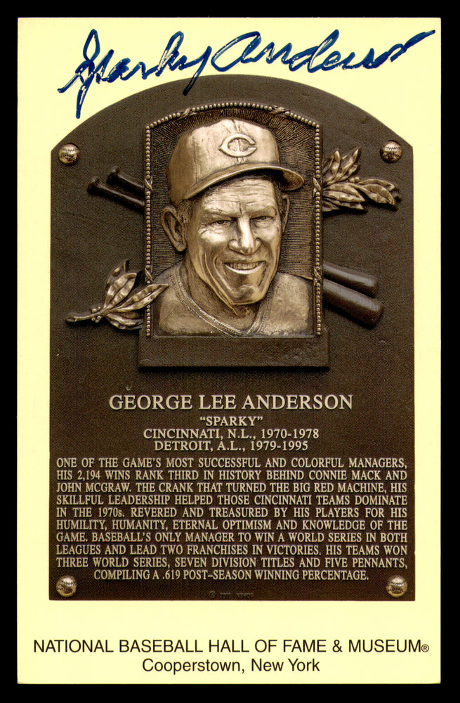 Sparky Anderson Autographed Hall of Fame HOF Plaque Postcard Cincinnati Reds