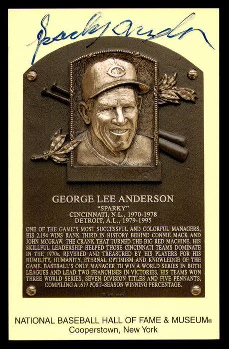 Sparky Anderson Autographed Hall of Fame HOF Plaque Postcard Cincinnati Reds