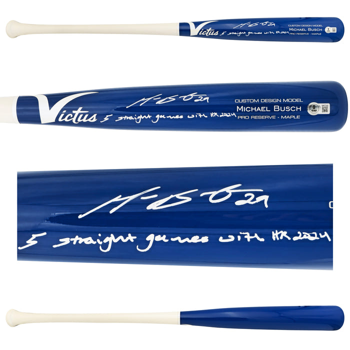 Michael Busch Autographed Blue Victus Player Model Baseball Bat Chicago Cubs "5 Straight Games With HR 2024" Beckett BAS Witness