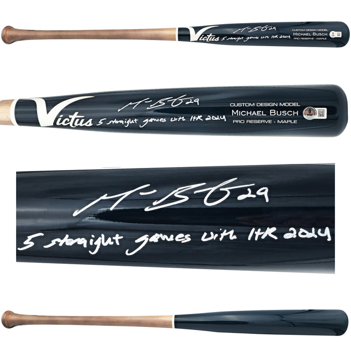 Michael Busch Autographed Navy Victus Player Model Baseball Bat Chicago Cubs "5 Straight Games With HR 2024" Beckett BAS Witness