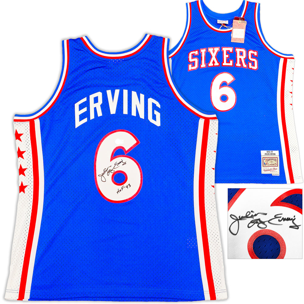 Philadelphia 76ers Julius "Dr. J" Erving Autographed Blue Mitchell & Ness Hardwood Classics HWC Swingman 1976-77 Jersey Size XL "HOF 93" Beckett BAS Witness