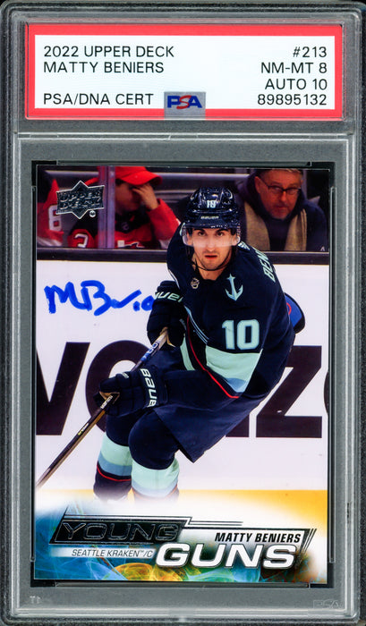 Matty Beniers Autographed 2022 Upper Deck Young Guns Rookie Card #213 Seattle Kraken PSA 8 Auto Grade Gem Mint 10 PSA/DNA