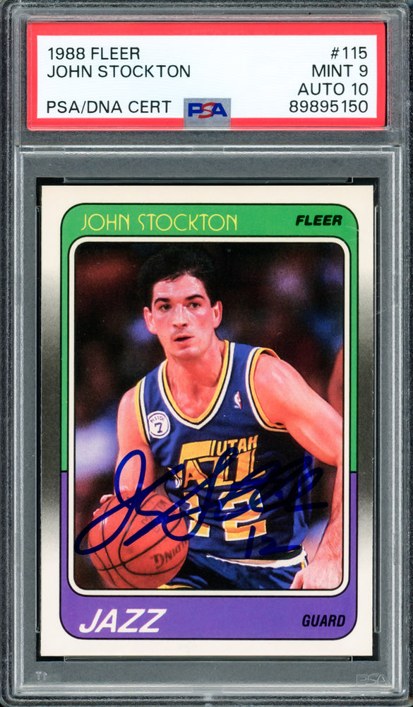 John Stockton Autographed 1988-89 Fleer Rookie Card #115 Utah Jazz PSA 9 Auto Grade Gem Mint 10 PSA/DNA #89895150