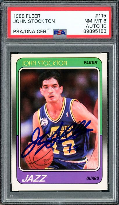 John Stockton Autographed 1988-89 Fleer Rookie Card #115 Utah Jazz PSA 8 Auto Grade Gem Mint 10 PSA/DNA #89895183