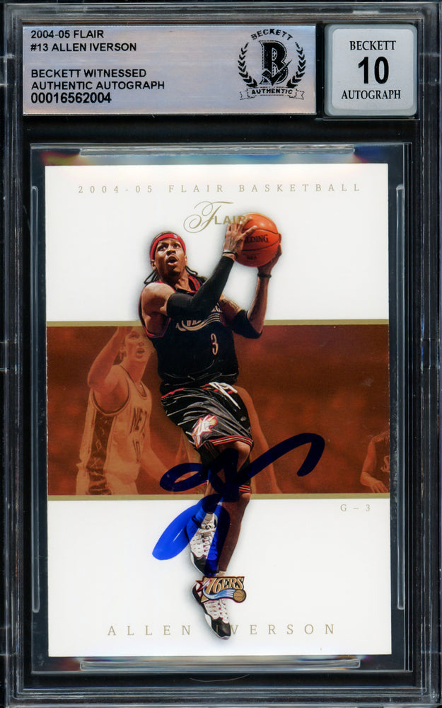 Allen Iverson Autographed 2004-05 Flair Card #13 Philadelphia 76ers Auto Grade Gem Mint 10 Beckett BAS Witnessed #16562004