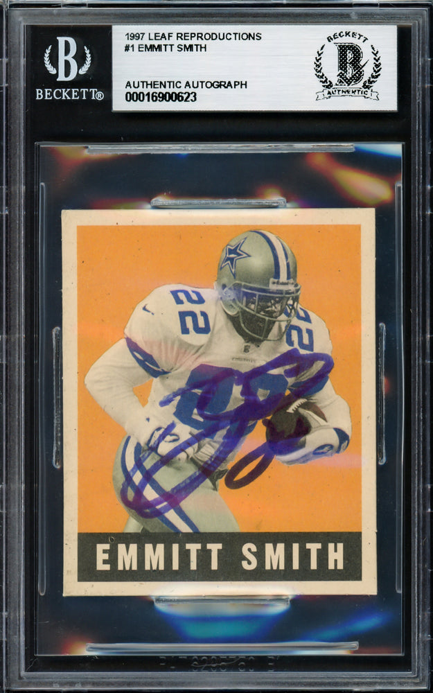 Emmitt Smith Autographed 1997 Leaf Reproductions Card #1 Dallas Cowboys Beckett BAS