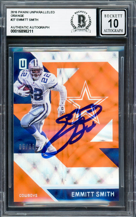 Emmitt Smith Autographed 2016 Panini Unparalleled Orange Card #27 Dallas Cowboys Auto Grade Gem Mint 10 #95/99 Beckett BAS #16898211