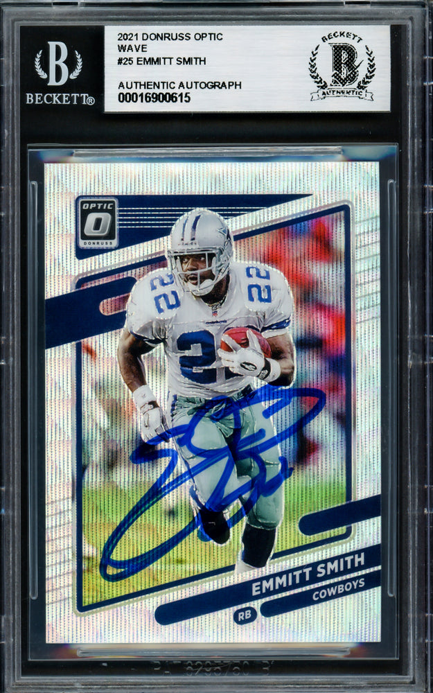Emmitt Smith Autographed 2021 Donruss Optic Wave Card #25 Dallas Cowboys #/299 Beckett BAS