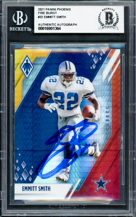 Emmitt Smith Autographed 2021 Panini Phoenix Fire Burst Card #32 Dallas Cowboys Beckett BAS #16901364