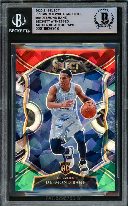 Desmond Bane Autographed 2020-21 Select Prizms Red White Green Ice Rookie Card #90 Memphis Grizzlies Beckett BAS Witnessed #16626948