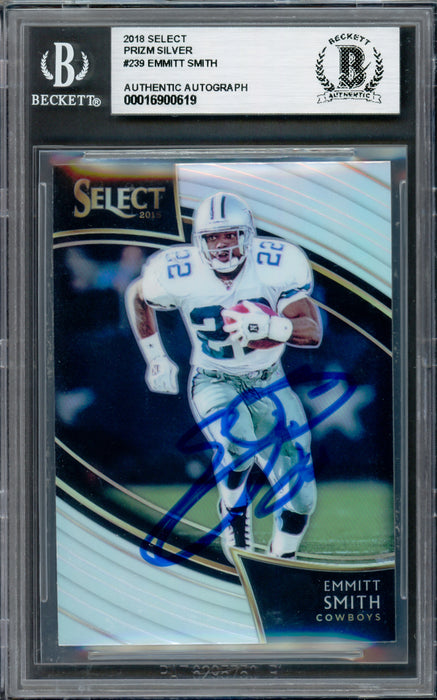Emmitt Smith Autographed 2018 Select Prizm Silver Card #239 Dallas Cowboys Beckett BAS