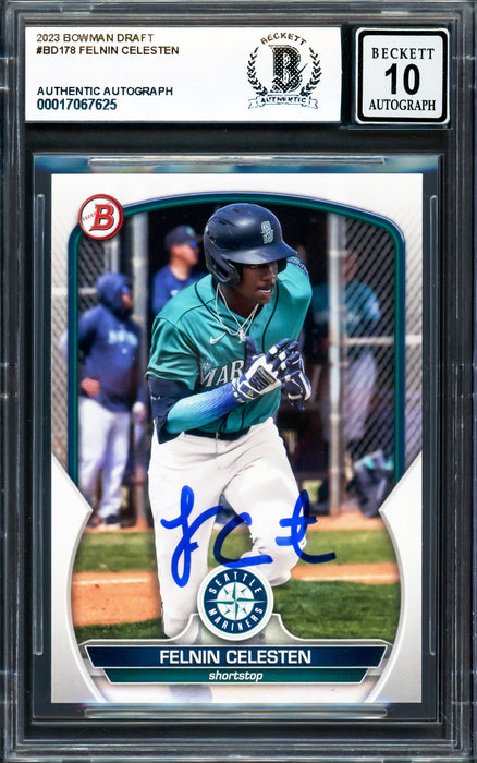 Felnin Celesten Autographed 2023 Bowman Draft Rookie Card #BD178 Seattle Mariners Auto Grade Gem Mint 10 Beckett BAS