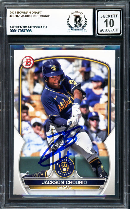 Jackson Chourio Autographed 2023 Bowman Draft Rookie Card #BD156 Milwaukee Brewers Auto Grade Gem Mint 10 Beckett BAS