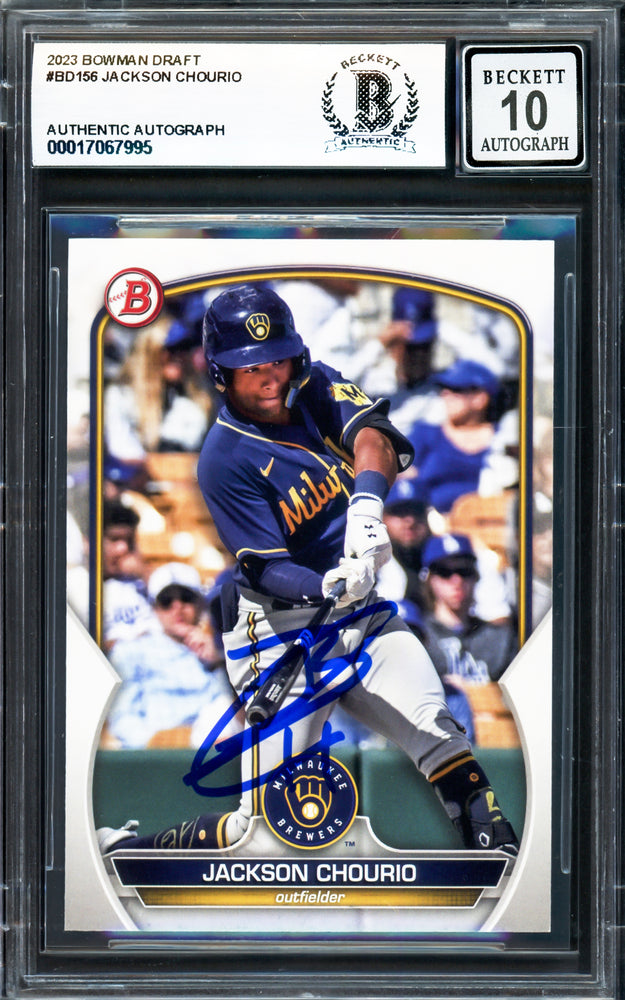 Jackson Chourio Autographed 2023 Bowman Draft Rookie Card #BD156 Milwaukee Brewers Auto Grade Gem Mint 10 Beckett BAS