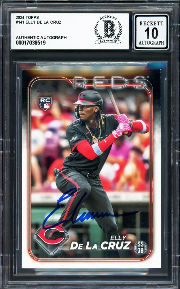 Elly De La Cruz Autographed 2024 Topps Rookie Card #141 Cincinnati Reds Auto Grade Gem Mint 10 Beckett BAS