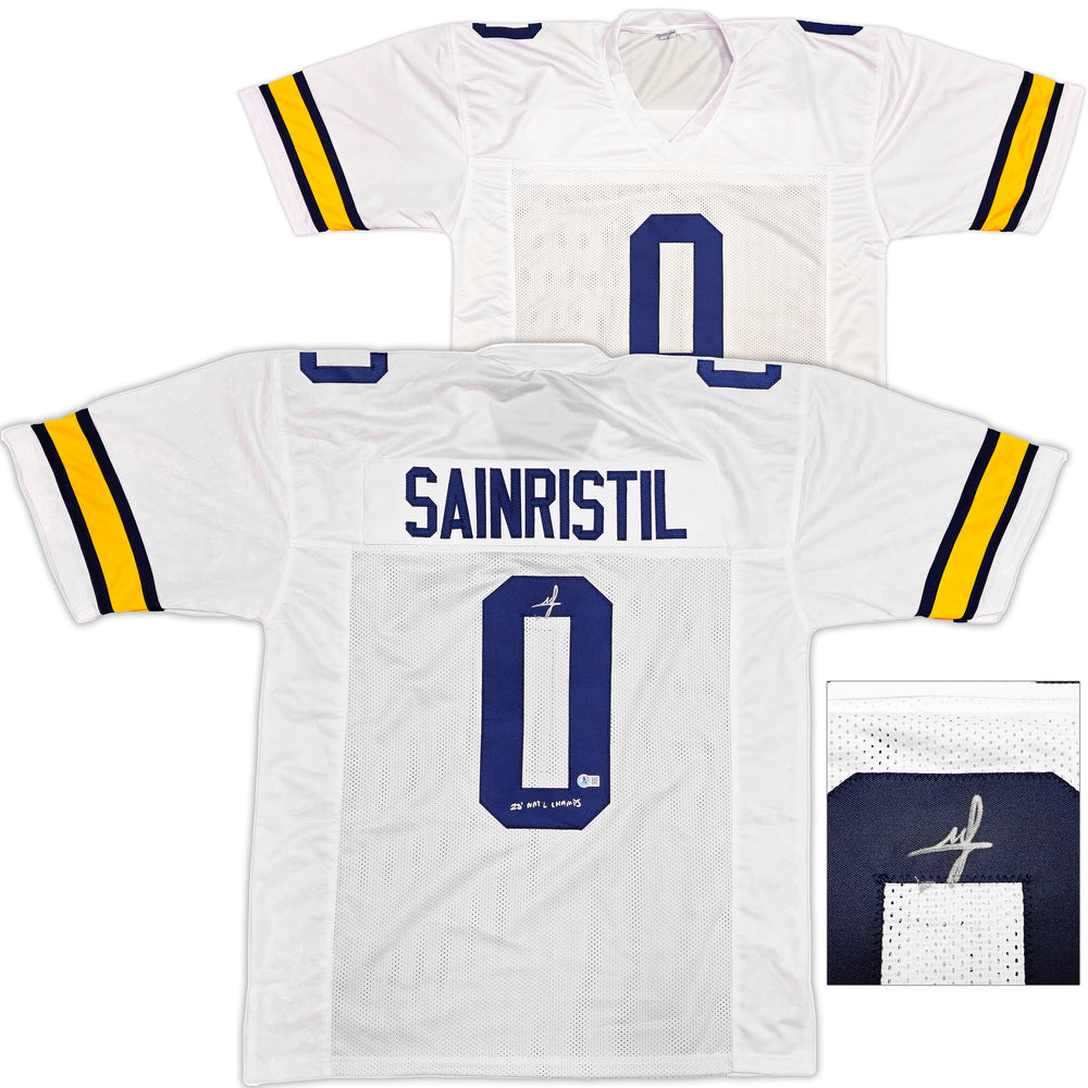 Michigan Wolverines Mike Sainristil Autographed White Jersey "23 Natl Champs" Beckett BAS Witness