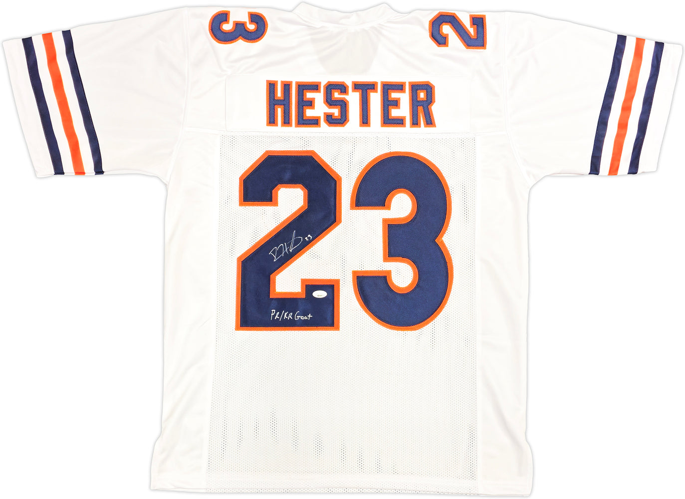 Chicago Bears Devin Hester Autographed White Jersey Light Autos "PR/KR Goat" JSA