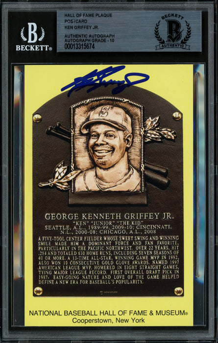 Ken Griffey Jr. Autographed Hall of Fame HOF Plaque Postcard Seattle Mariners Auto Grade Gem Mint 10 Beckett BAS