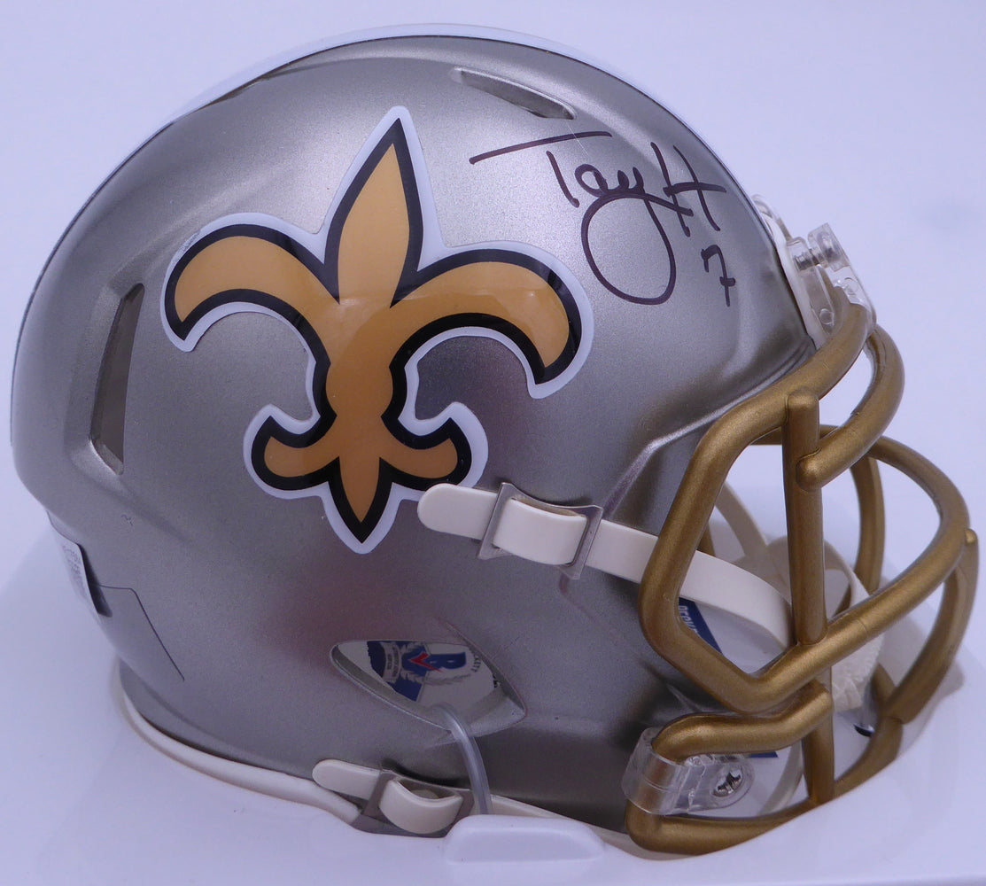Taysom Hill Autographed New Orleans Saints Flash Gold Mini Helmet Beckett BAS QR #BE17584