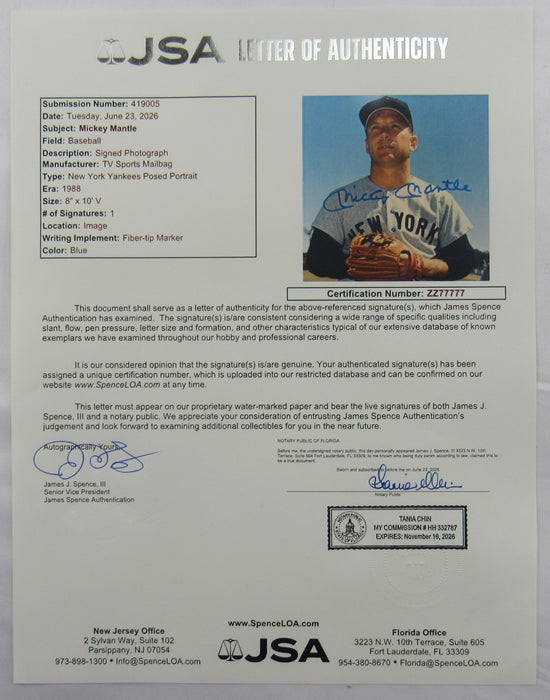Mickey Mantle Signed Auto 8x10 Photo JSA LOA ZZ77777