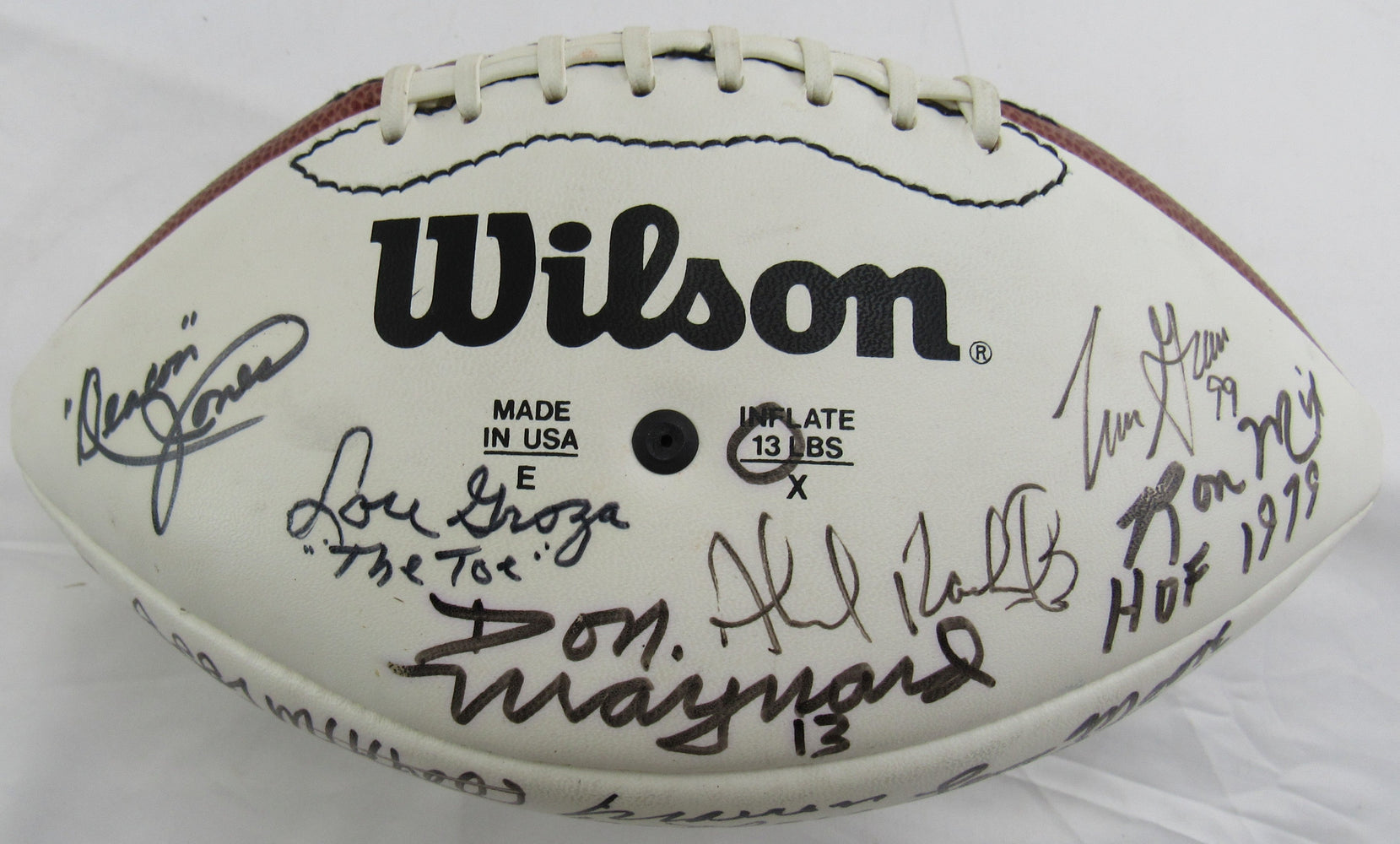 Multi Signed Wilson Football w/13 Signatures - Joe Theismtann, Ronnie Lott, Bill Willis