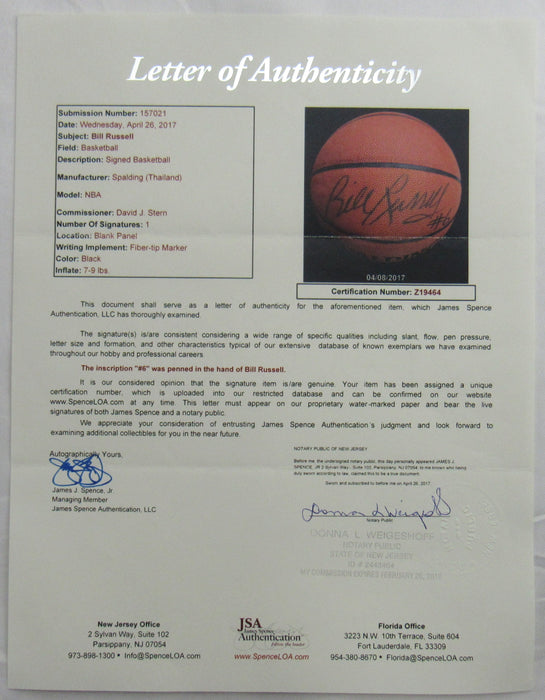 Bill Russell Signed Auto Spalding Basketball JSA LOA
