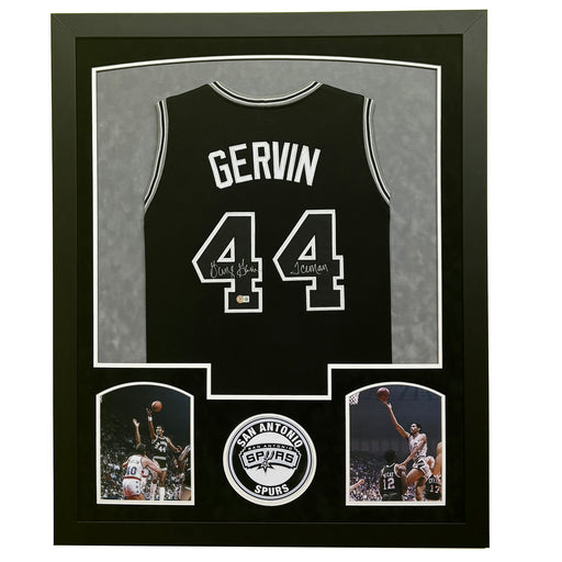 George Gervin Signed Iceman San Antonio Black Custom Suede Matte Framed Basketball Jersey