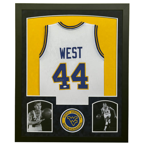 Jerry West Signed White Custom Suede Matte Framed Basketball Jersey