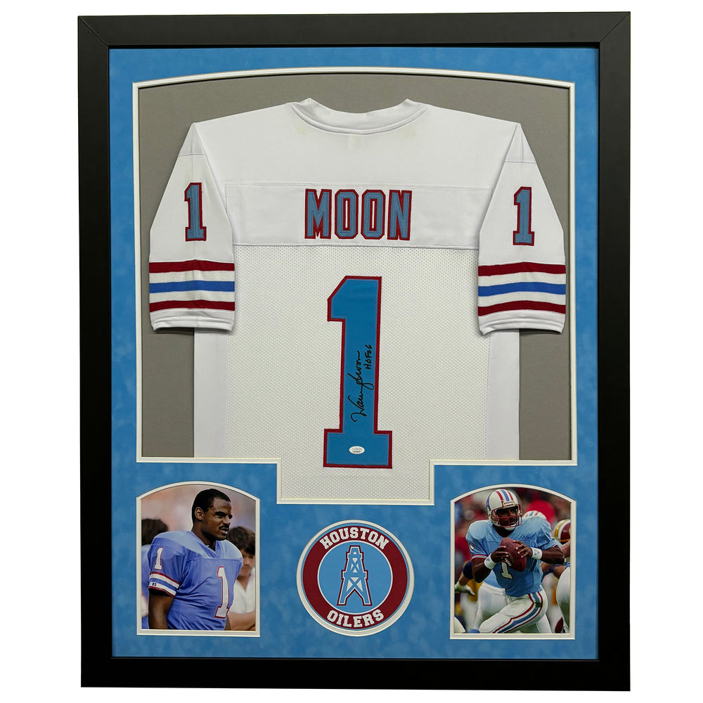 Warren Moon Signed HOF 06 White Custom Suede Matte Framed Jersey